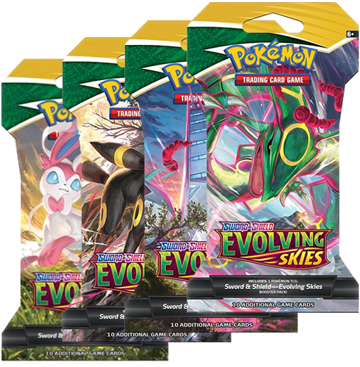 Evolving Skies 4 Booster Set – Alle 4 Booster-Artworks | Rayquaza, Umbreon, Sylveon & Duraludon | Englisch | Sammlerstück