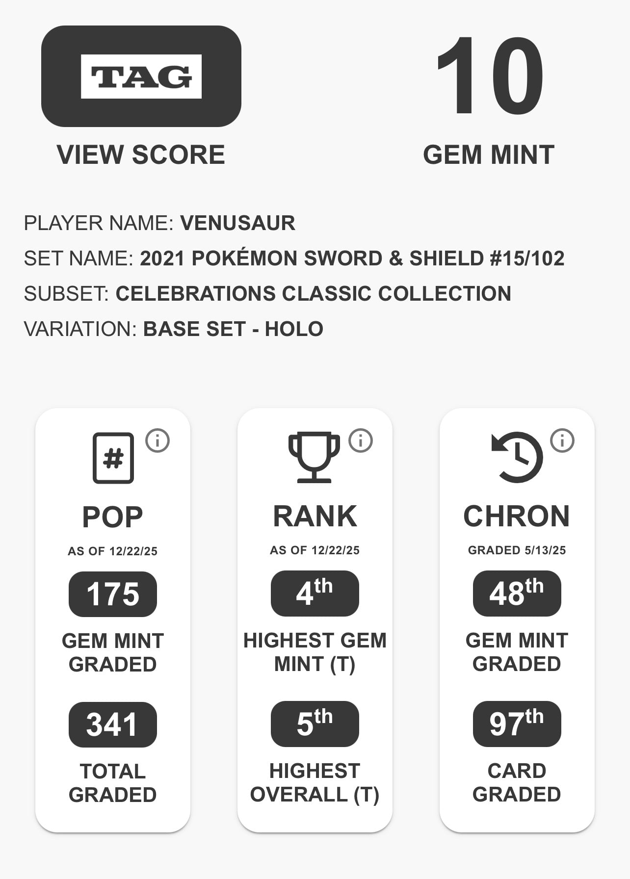 Pokémon Venusaur TAG 10 - Celebrations 15/102 - Near Mint (EN)