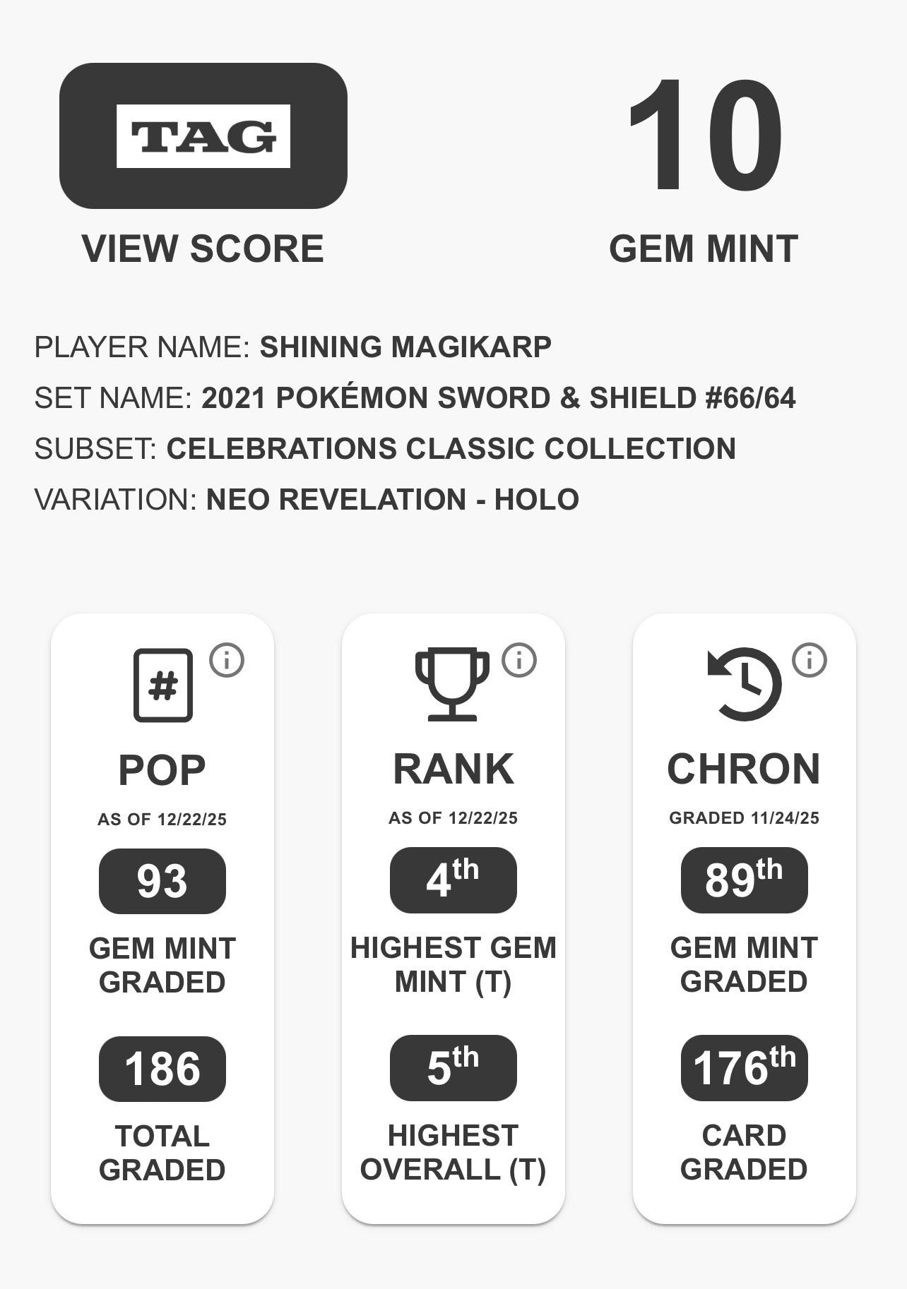 Pokémon Shining Magikarp TAG 10 - Celebrations 66/64 - Near Mint (EN)