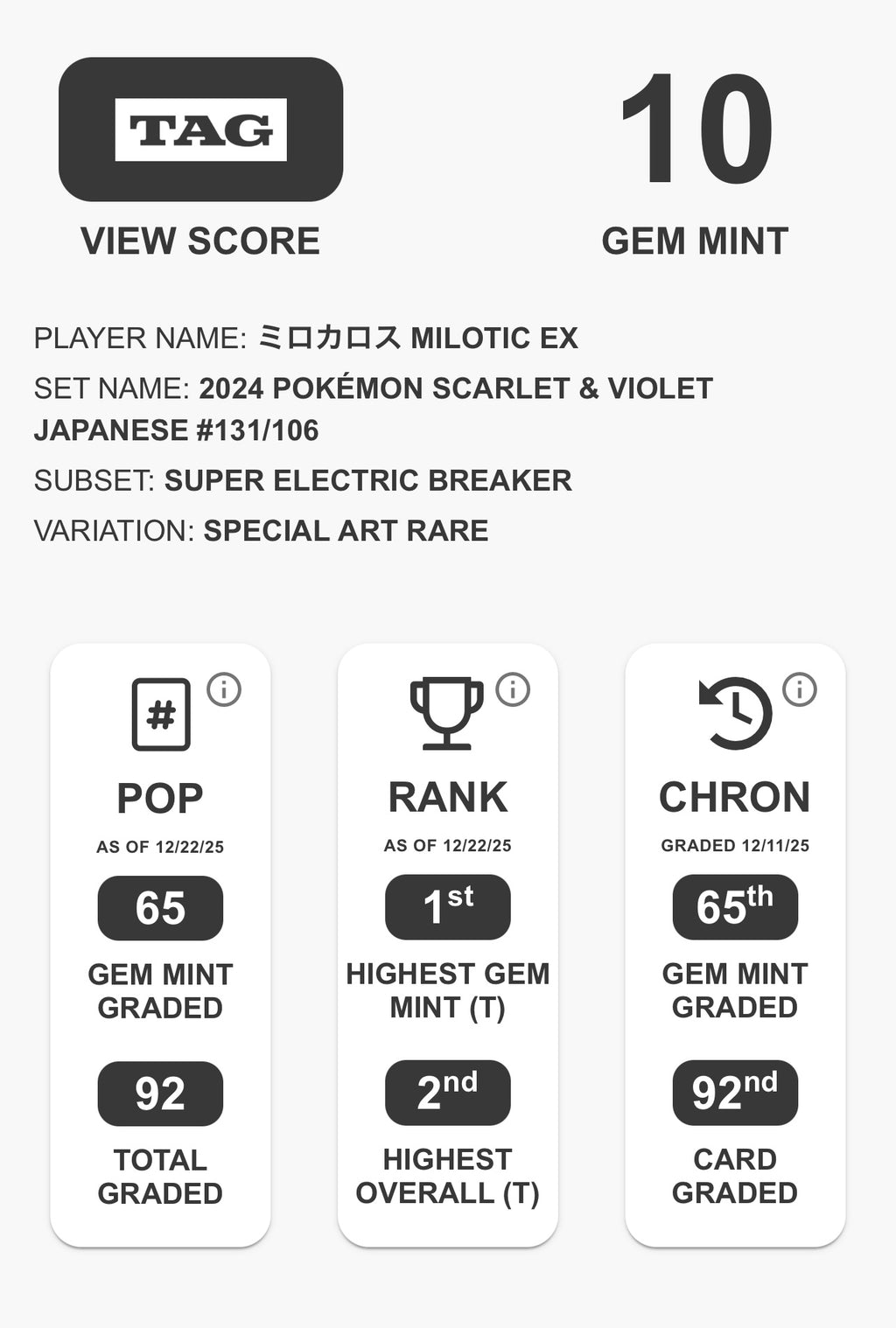 Pokémon Milotic EX TAG 10 - Super Electric Breaker Sv8 131/106 - Near Mint (JP)